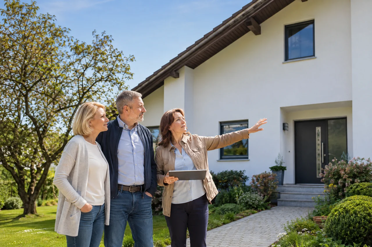 Eigentümerpaar und Immobilienberaterin bei der Aufnahme eines Hauses