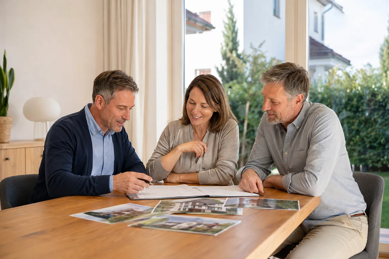 Drei Immobilienfachleute besprechen gemeinsam Unterlagen zu einem Wohnhaus