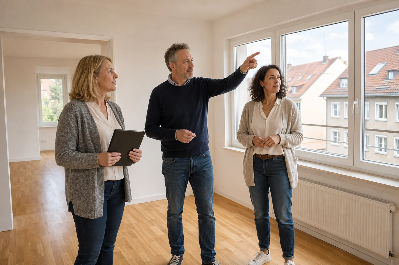 Drei Berufserfahrene besprechen gemeinsam eine helle Wohnung